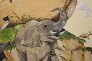 Elephant image in church nursery mural.